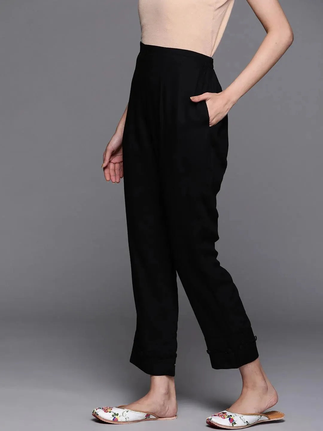 Black Solid Rayon Trousers - Libas