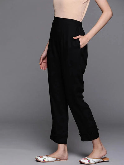 Black Solid Rayon Trousers - Libas