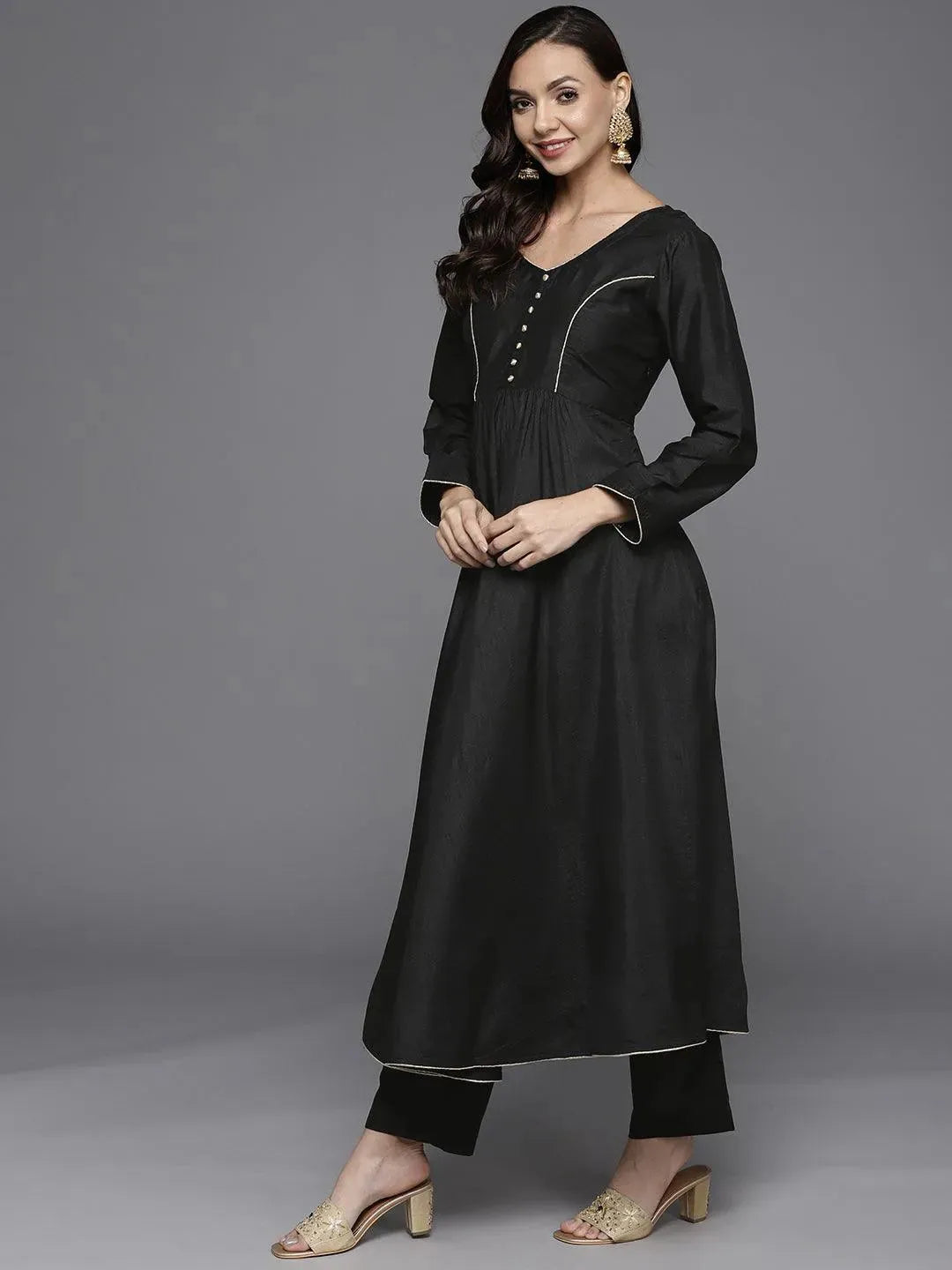 Black Solid Silk Blend Suit Set - Libas