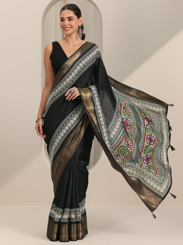 Libas Black Solid Silk Blend Saree With Unstitched Blouse Piece