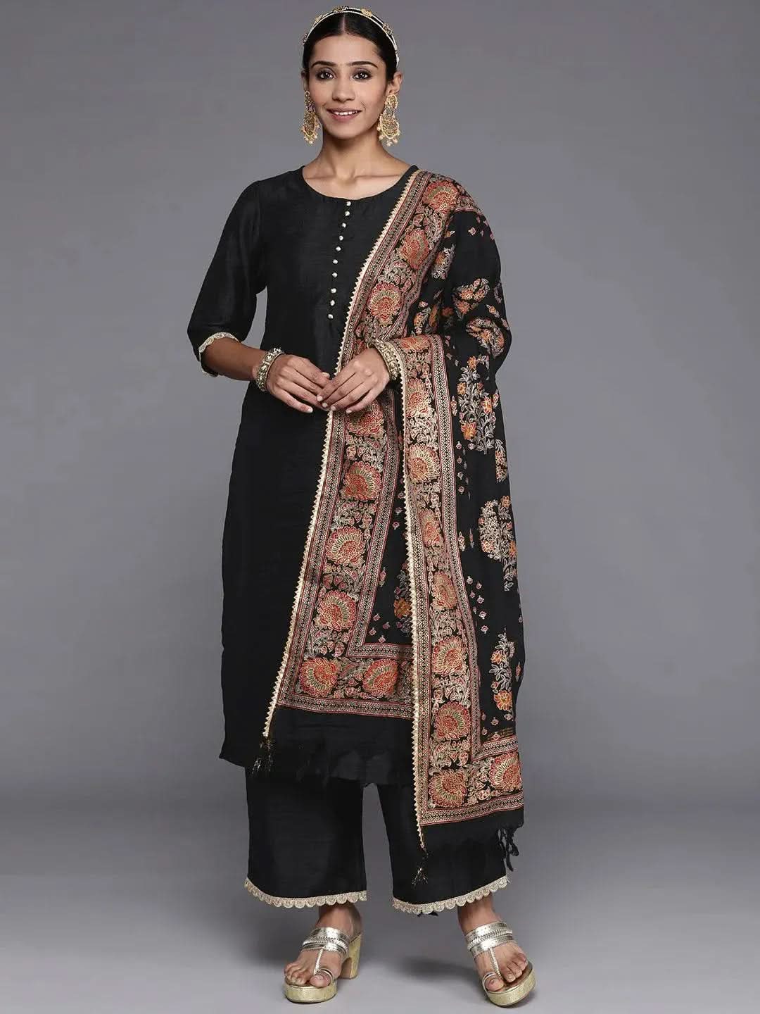 

Black Solid Silk Blend Straight Kurta With Palazzos & Dupatta