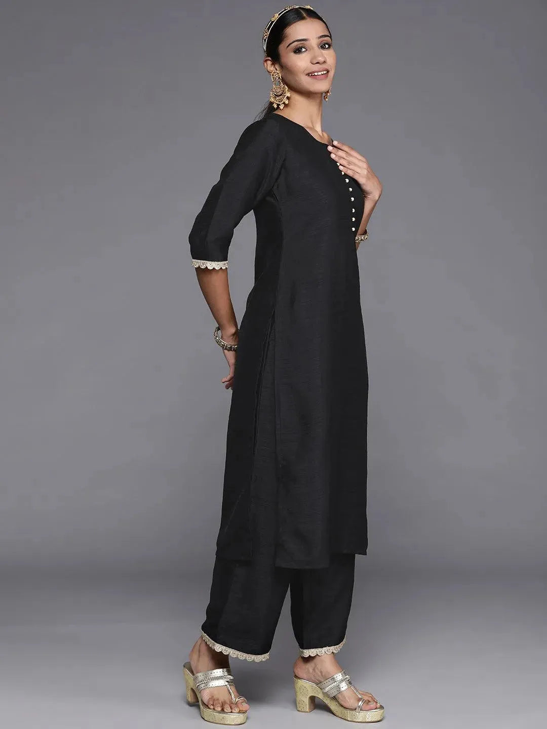 Black Solid Silk Blend Straight Suit Set With Palazzos - Libas