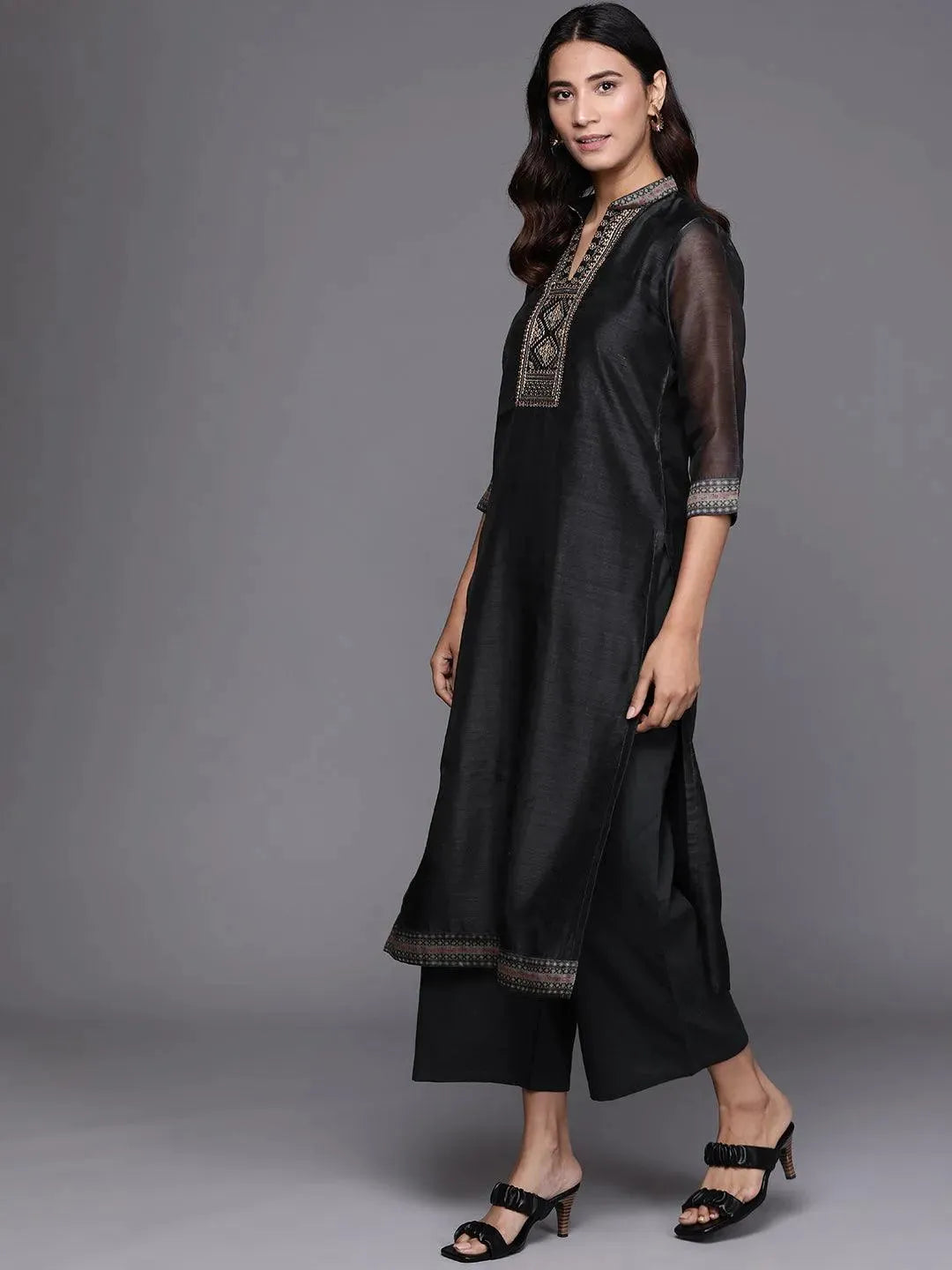Black Solid Silk Blend Suit Set - Libas 