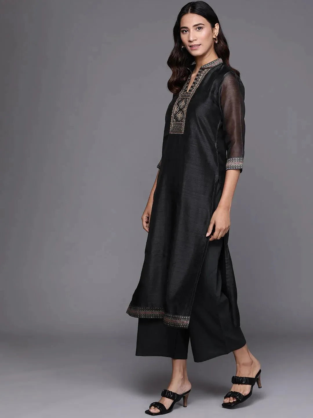 Black Solid Silk Blend Suit Set - Libas