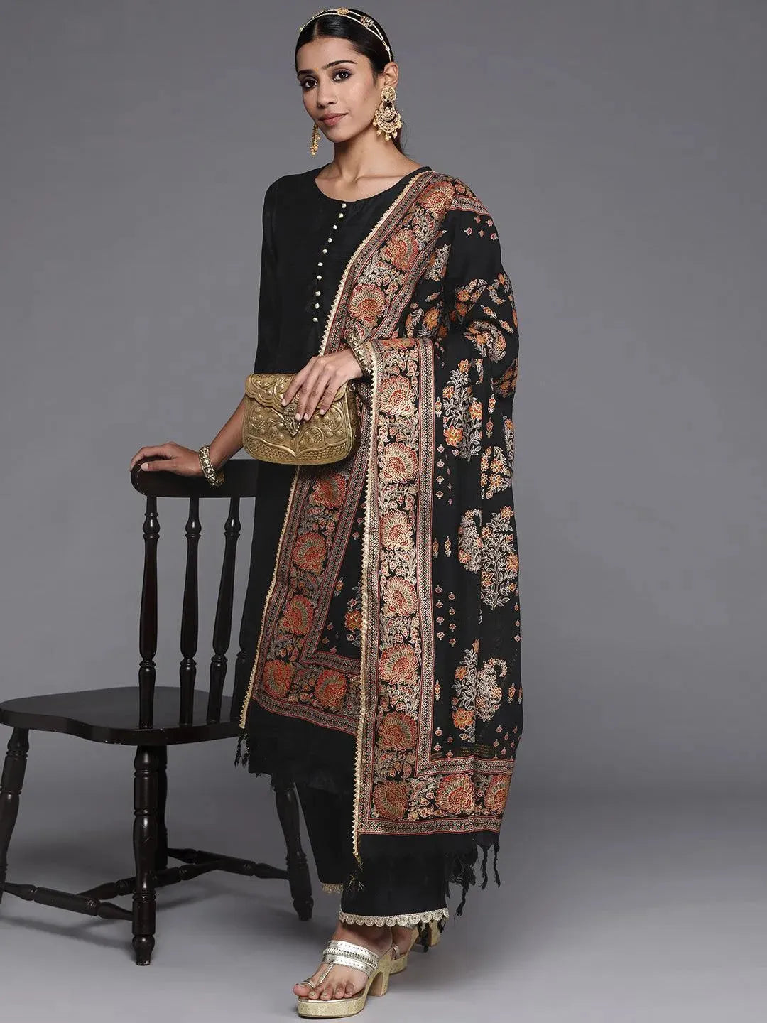 Black Solid Silk Blend Straight Suit Set With Palazzos - Libas