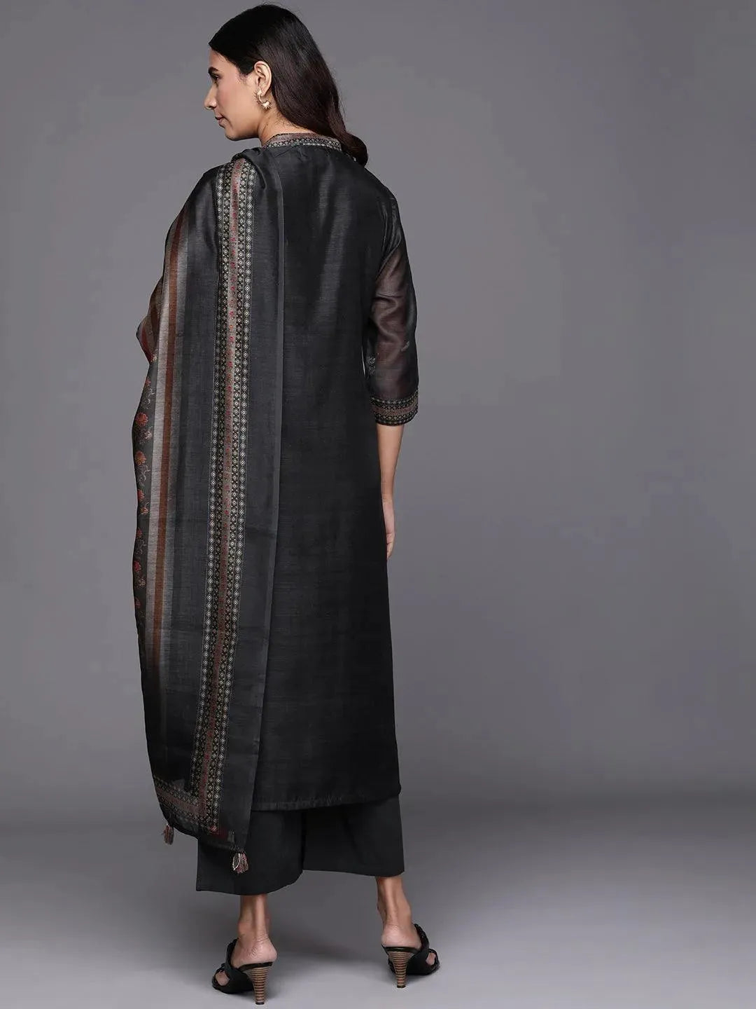 Black Solid Silk Blend Suit Set - Libas 