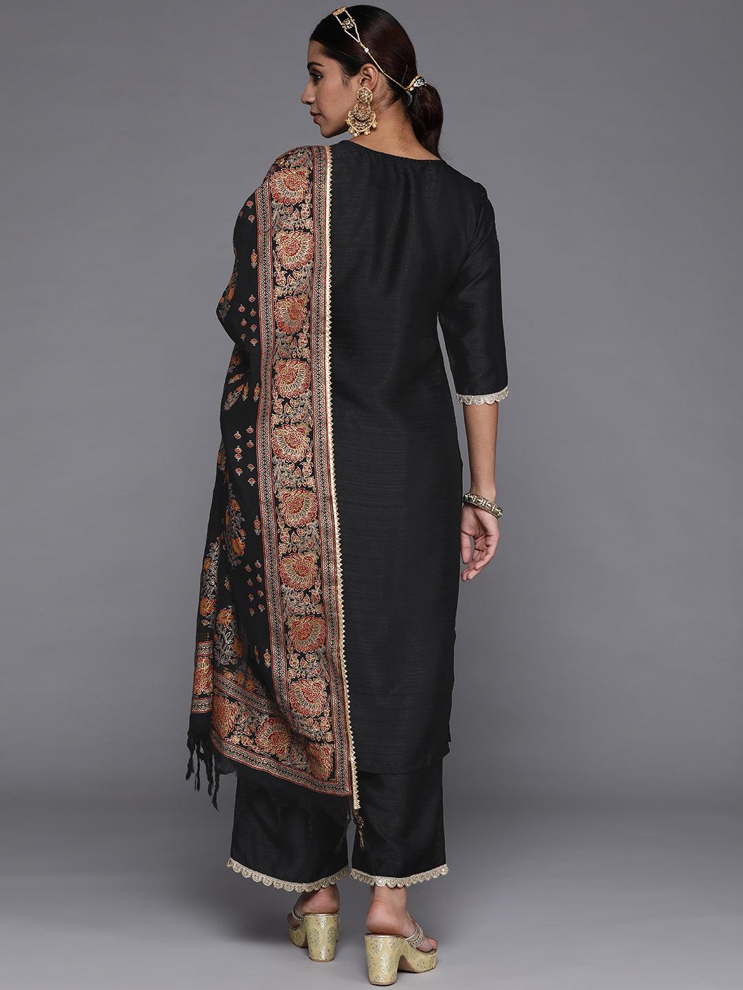 Black Solid Silk Blend Straight Suit Set With Palazzos - Libas