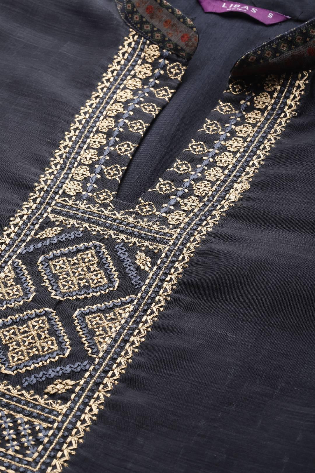 Black Solid Silk Blend Straight Kurta With Palazzos & Dupatta