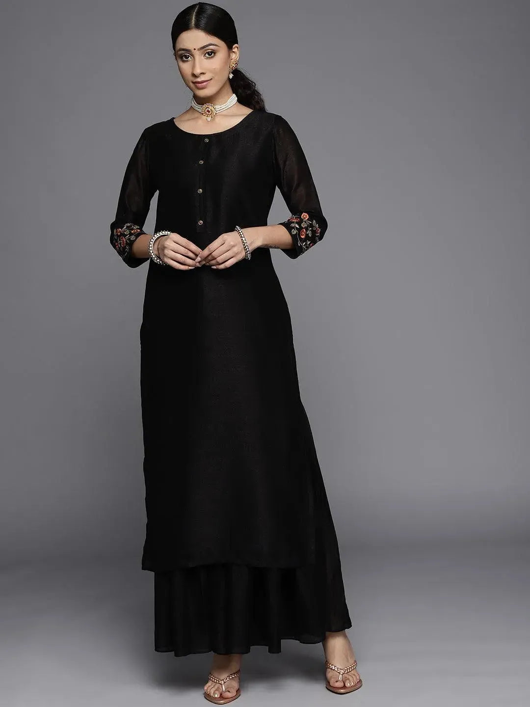 Black Solid Silk Kurta - Libas