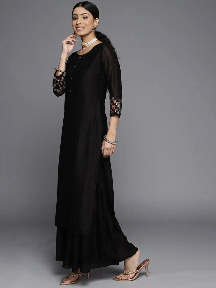 Black Solid Silk Kurta - Libas