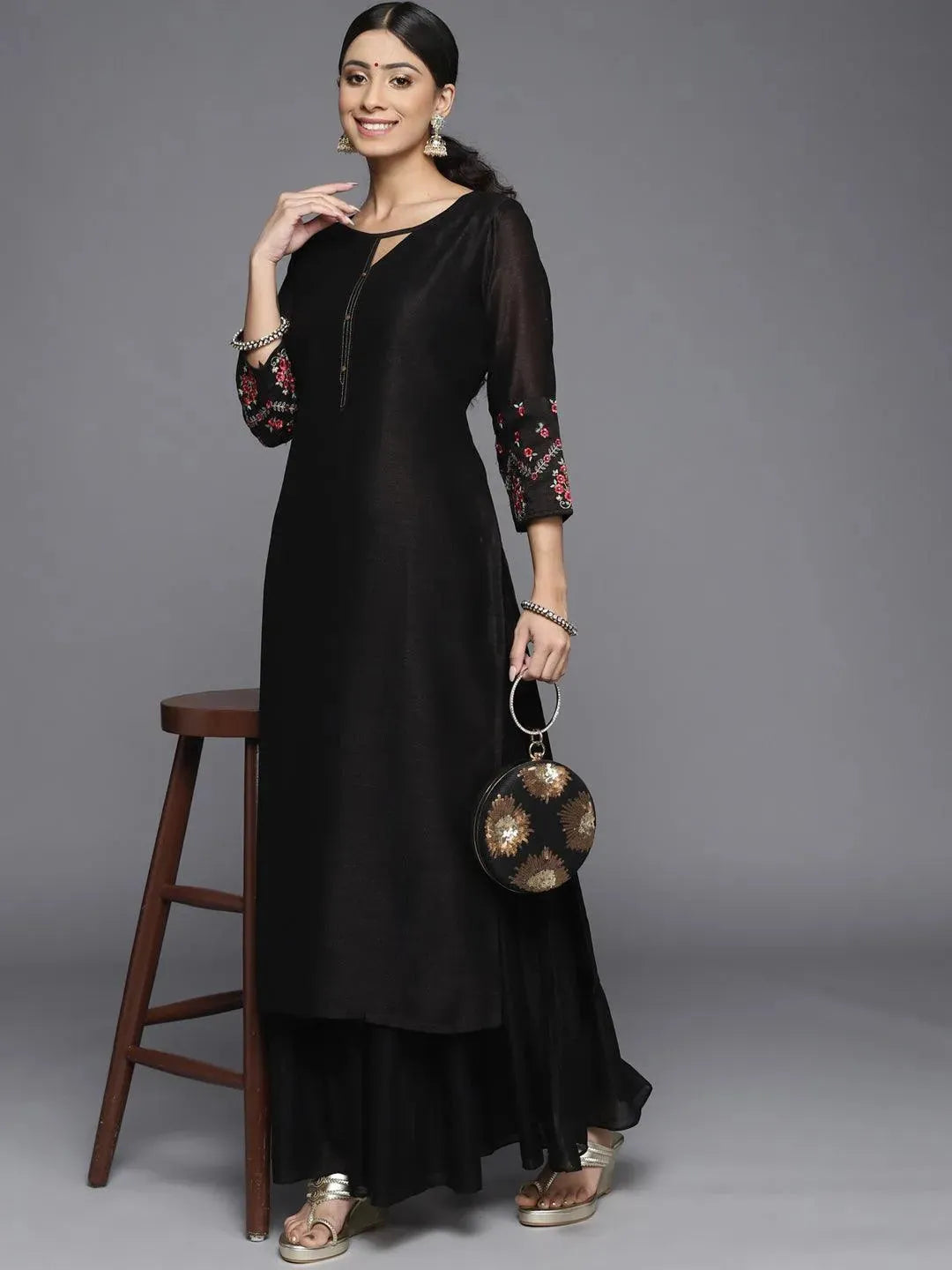 Black Solid Silk Kurta - Libas 