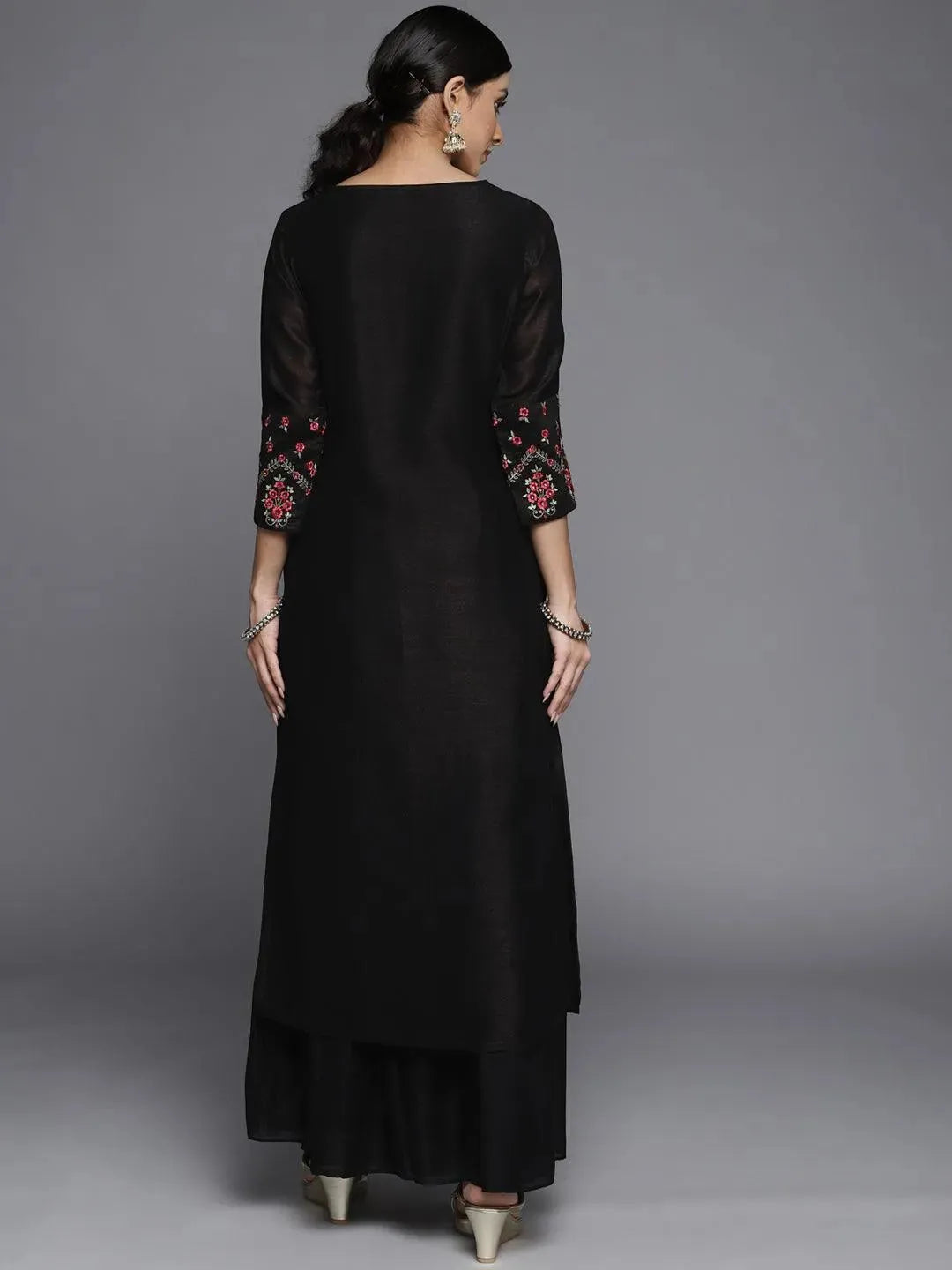 Black Solid Silk Kurta - Libas