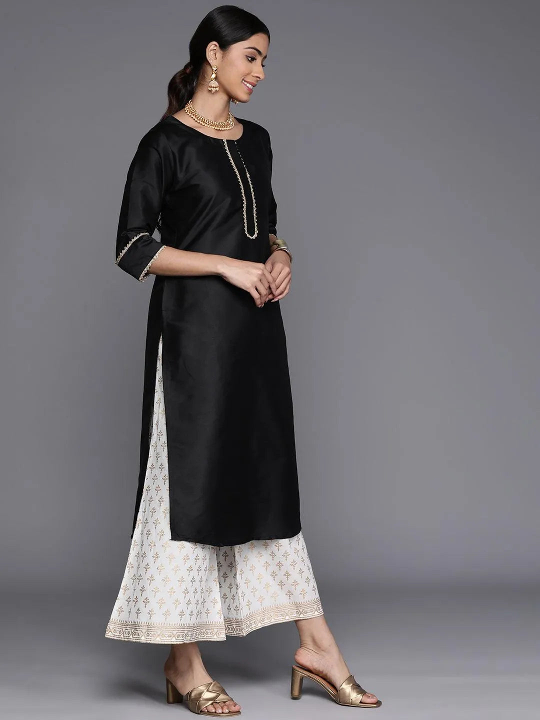 Black Solid Silk Straight Kurta - Libas 
