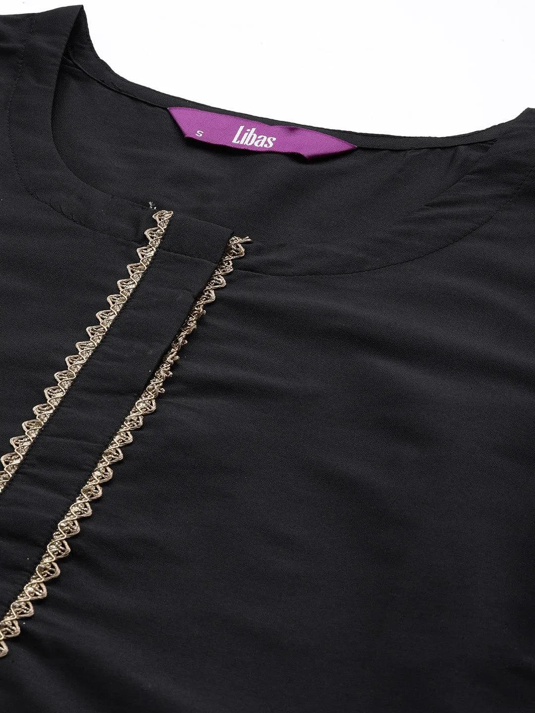 Black Solid Silk Straight Kurta - Libas 