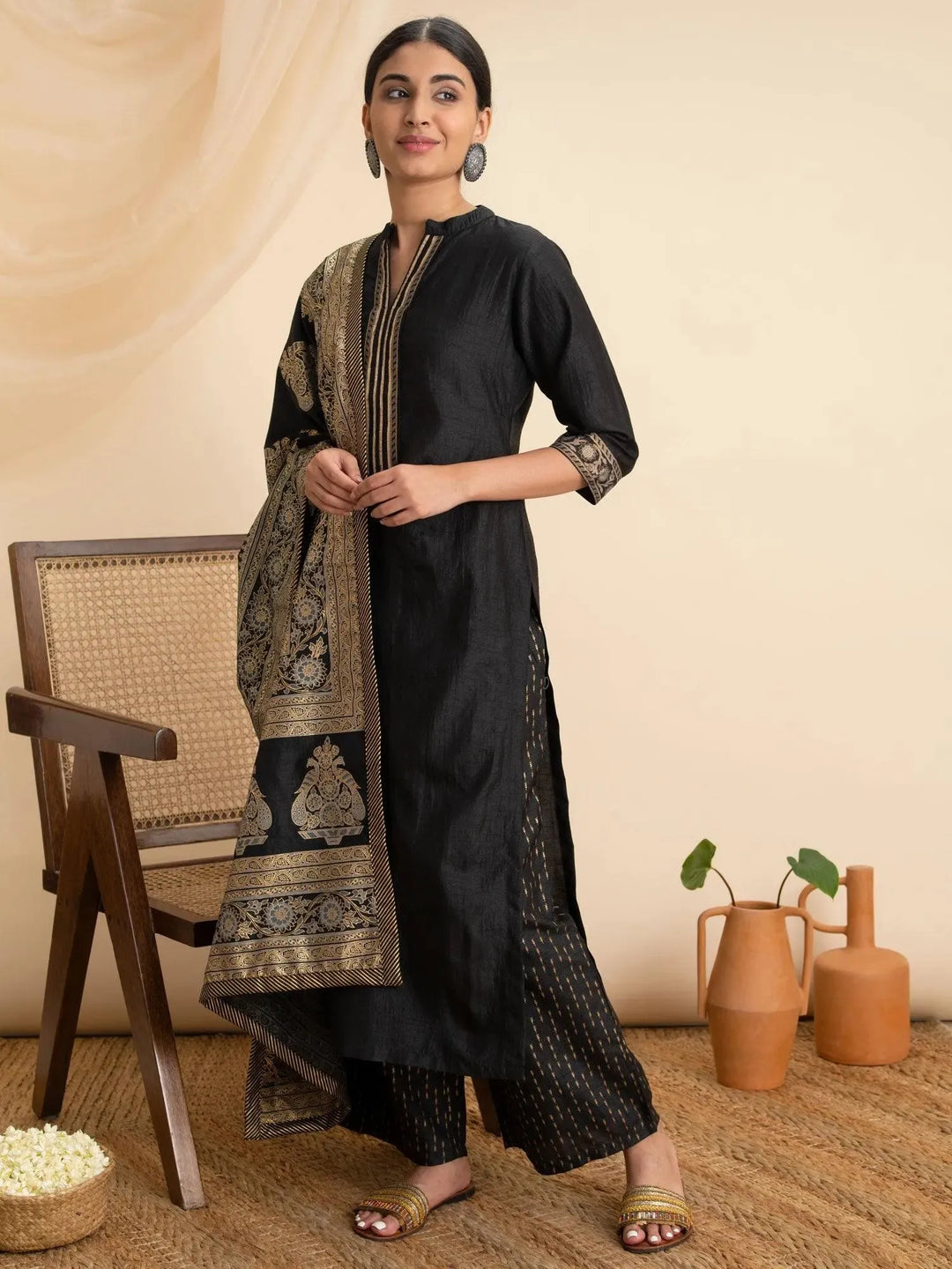 Black Solid Silk Suit Set - Libas