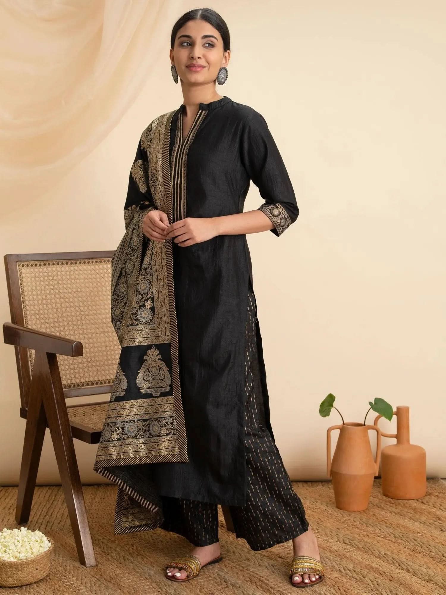 

Buy Black Solid Silk Suit Set - 20083O-XS | Libas Ethnic Wear Online