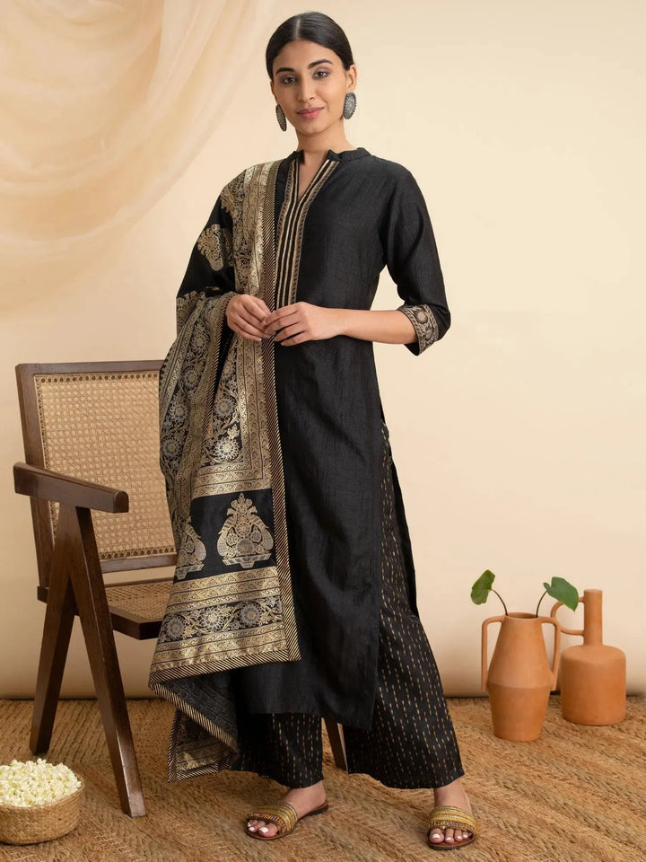 Black Solid Silk Suit Set - Libas