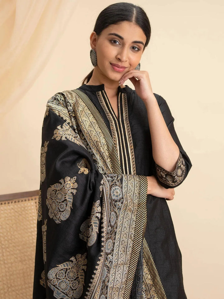 Black Solid Silk Suit Set - Libas