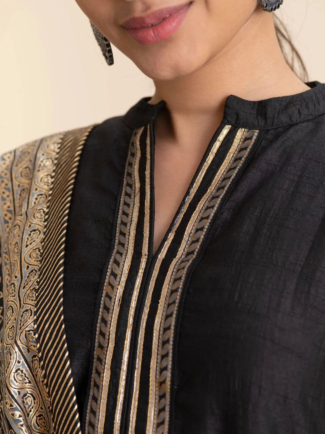 Black Solid Silk Suit Set - Libas 