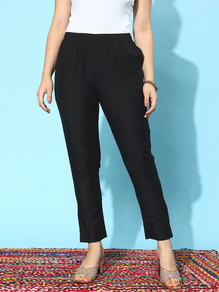 Libas Black Solid Silk Trousers