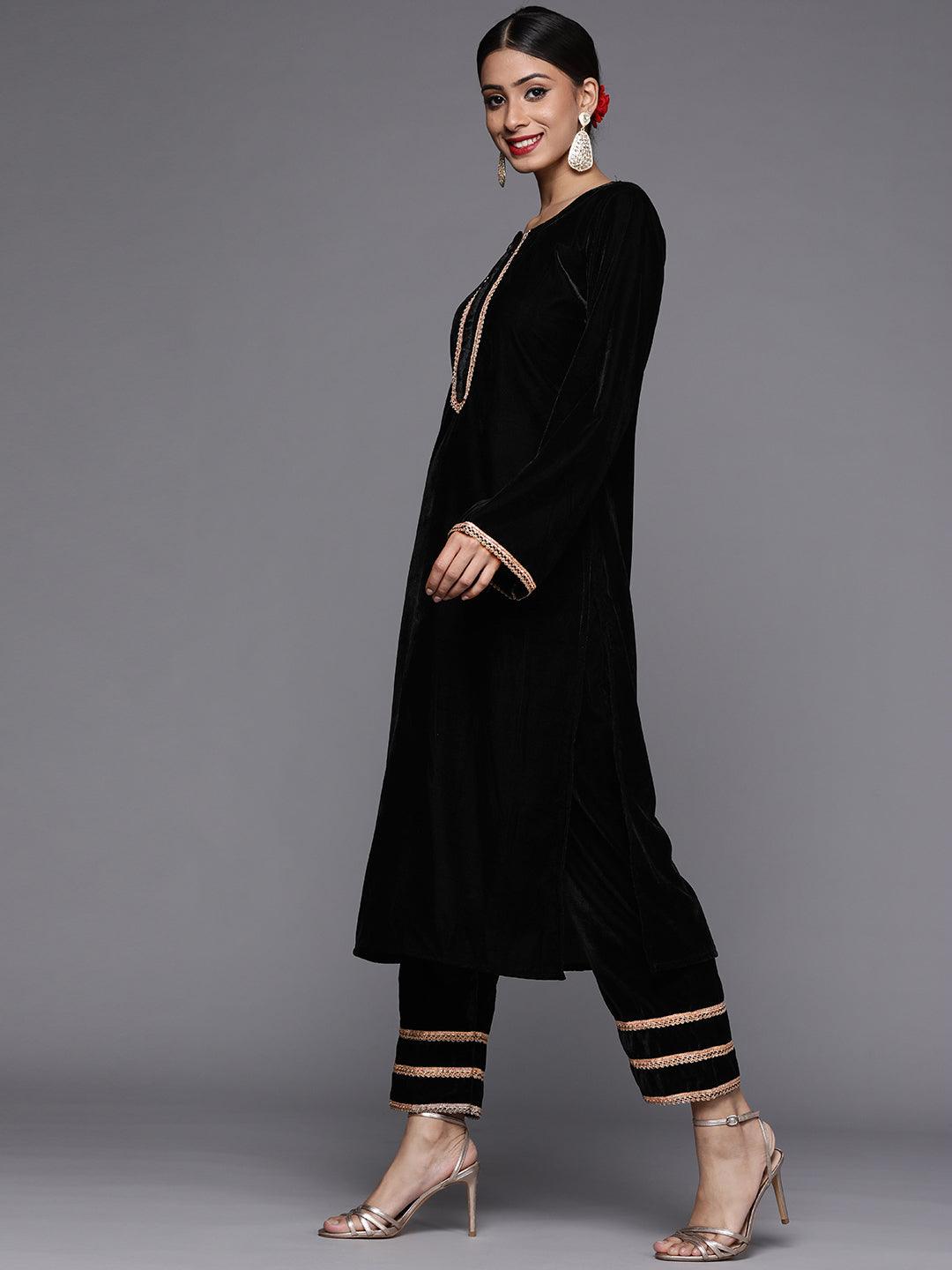 Black Solid Velvet Suit Set - Libas