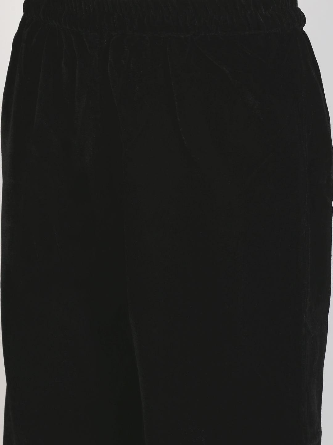Black Solid Velvet Straight Suit Set - Libas