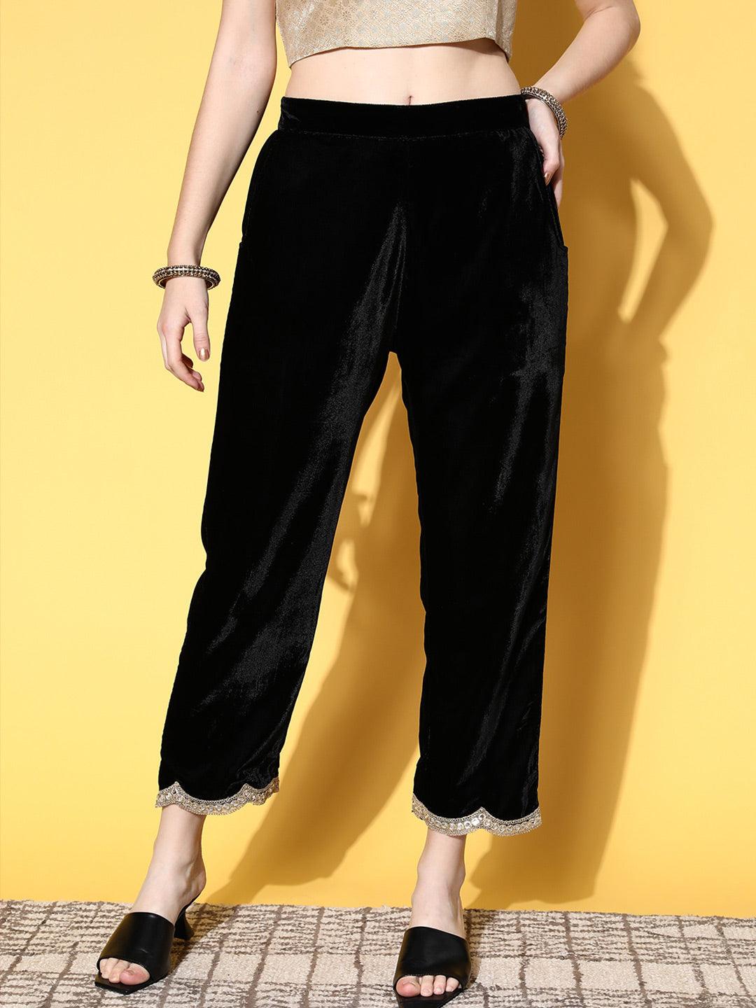 Black Solid Velvet Trousers - Libas