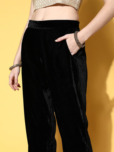 Black Solid Velvet Trousers - Libas