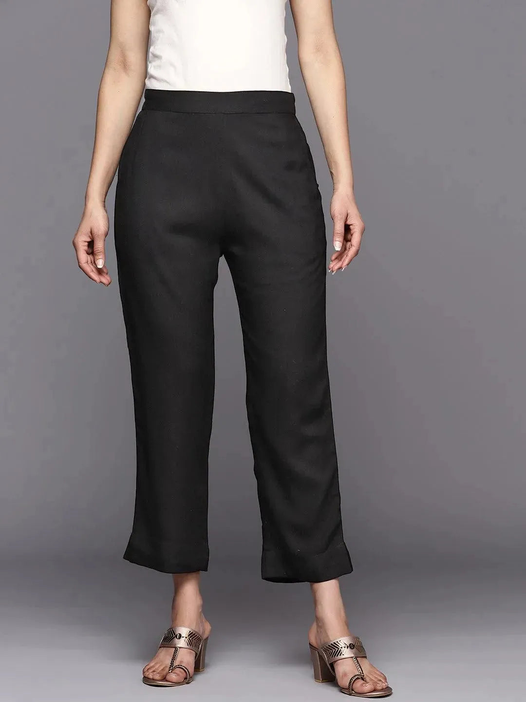 Black Solid Viscose Rayon Trousers - Libas