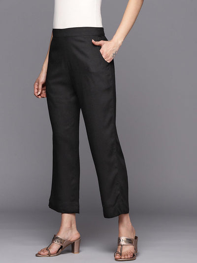 Black Solid Viscose Rayon Trousers - Libas