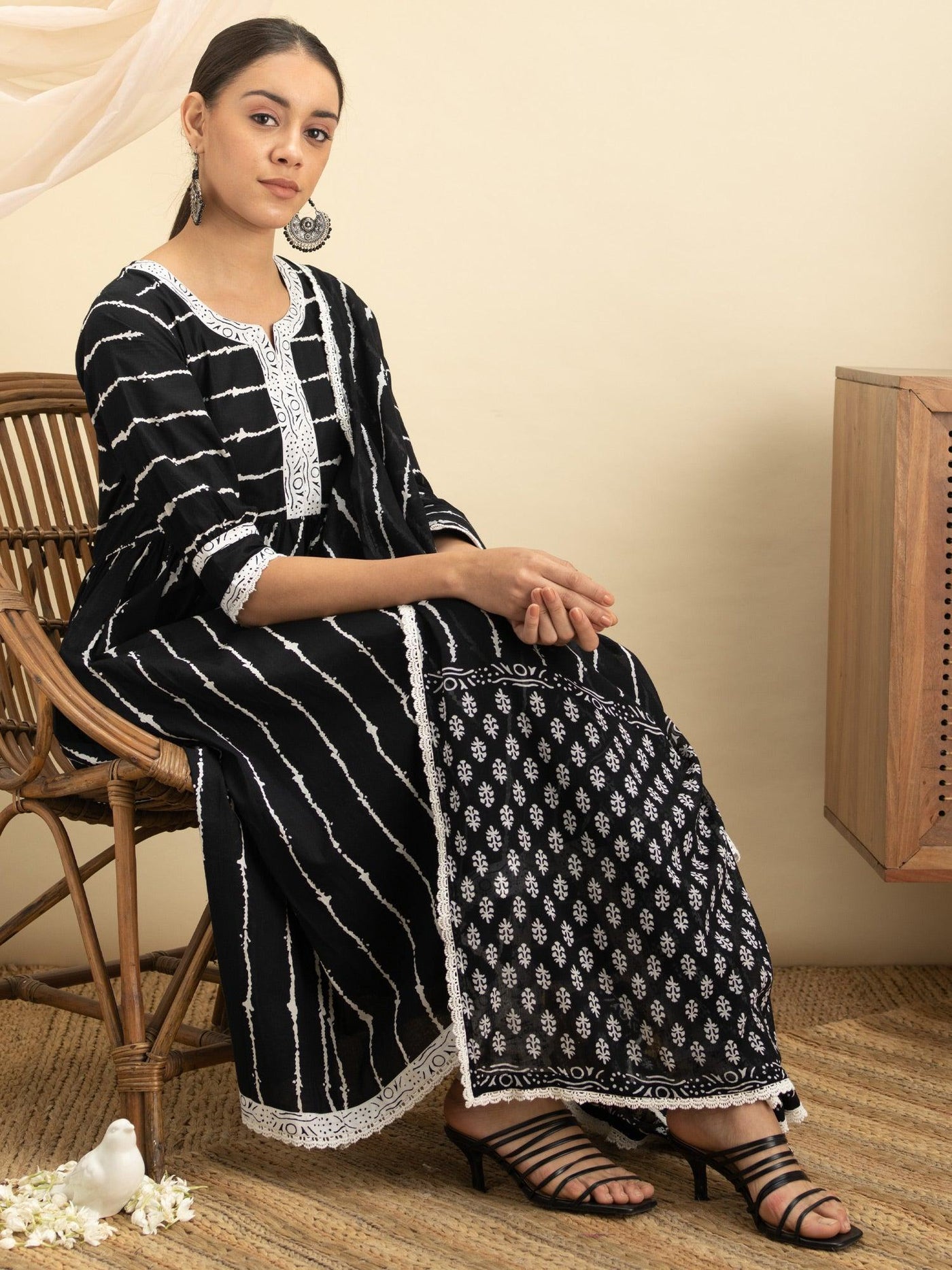 Black Striped Cotton Suit Set - Libas