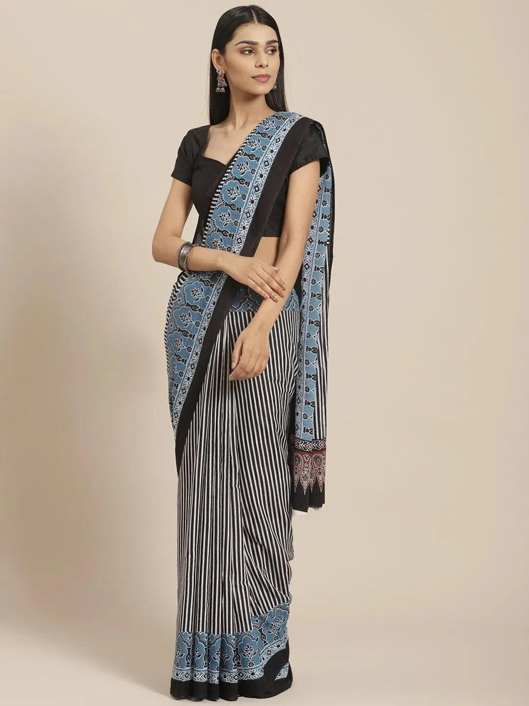 Black Striped Cotton Saree - Libas