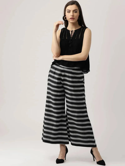 Black Striped Crepe Palazzos - Libas