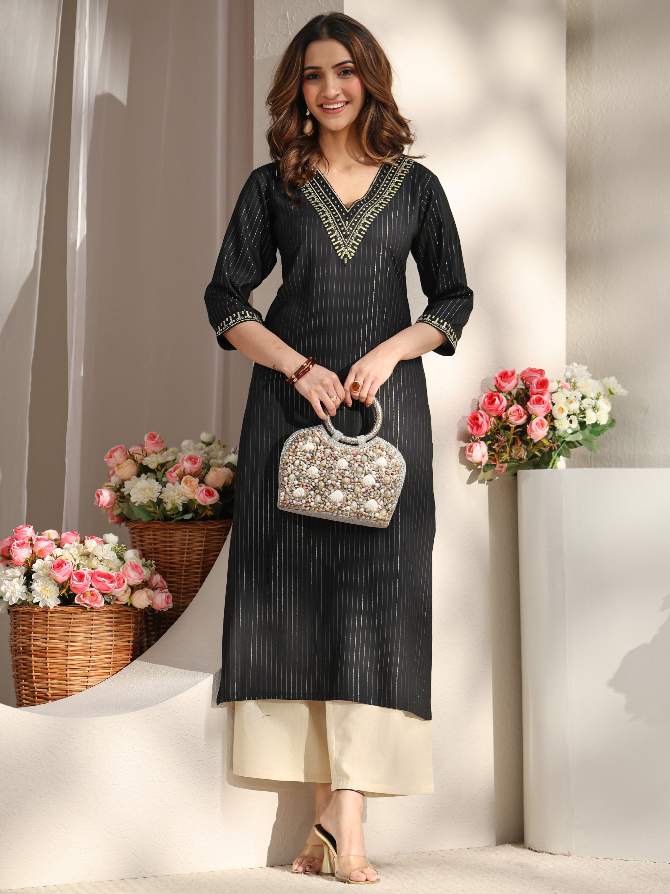Black Striped Embellished Rayon Straight Kurta-image-15