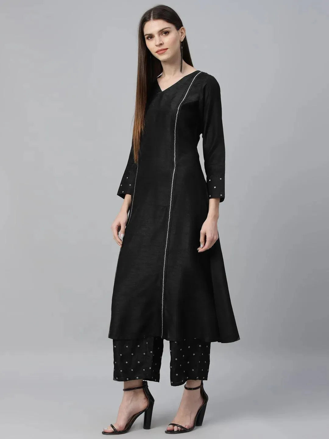 Black Striped Polyester Kurta Set - Libas