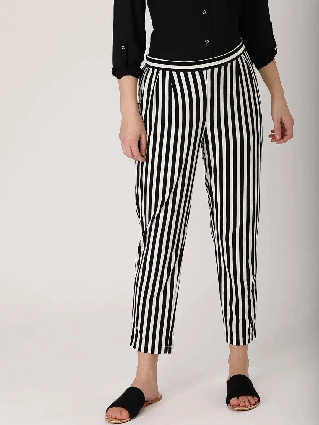 Black Striped Polyester Trousers - Libas