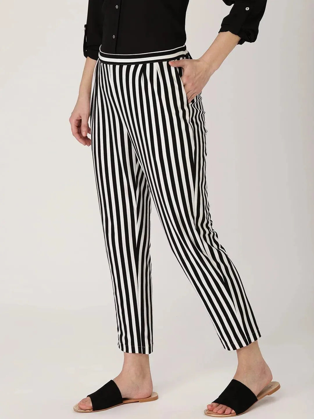 Black Striped Polyester Trousers - Libas