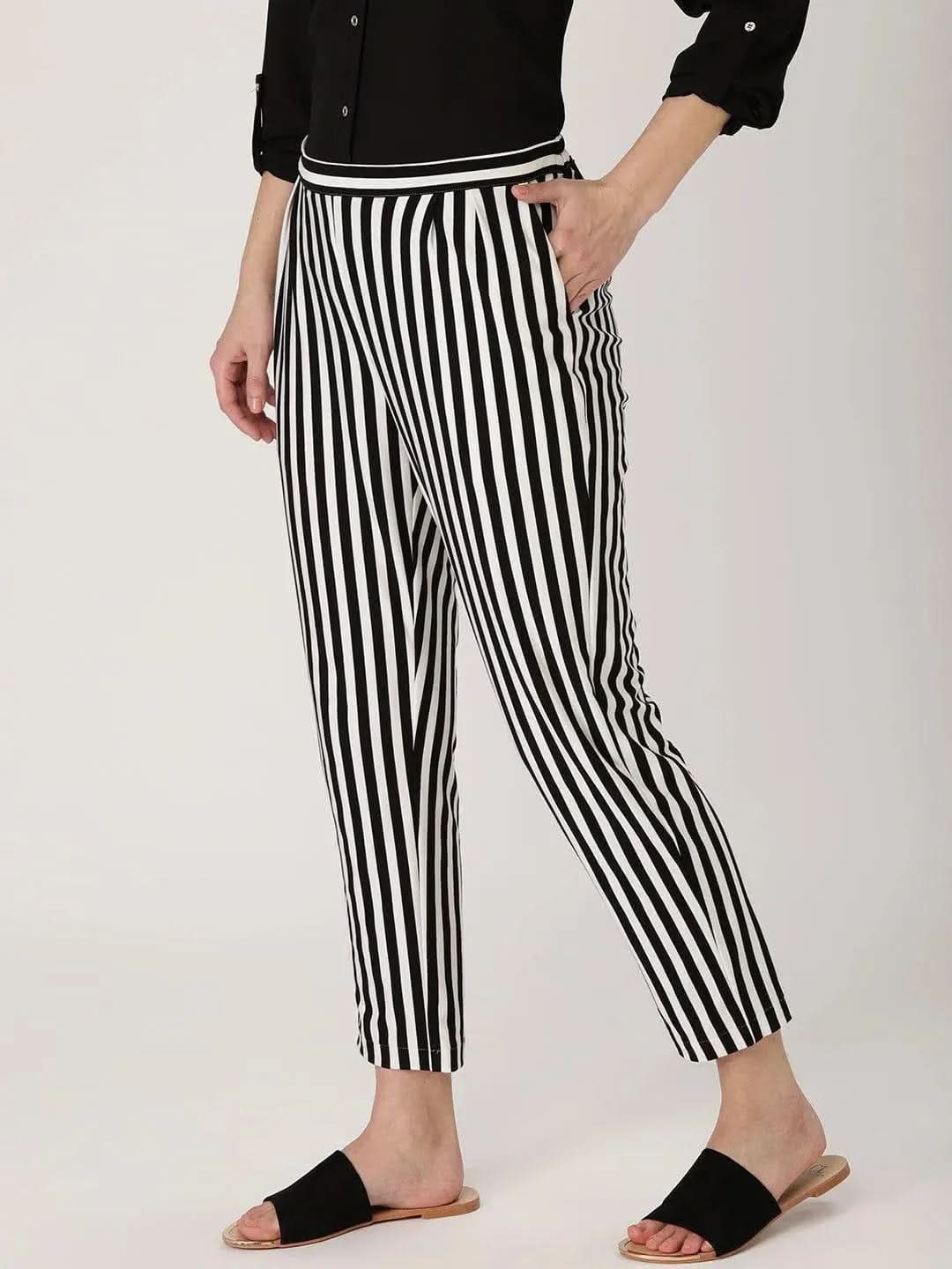

Black Striped Polyester Trousers
