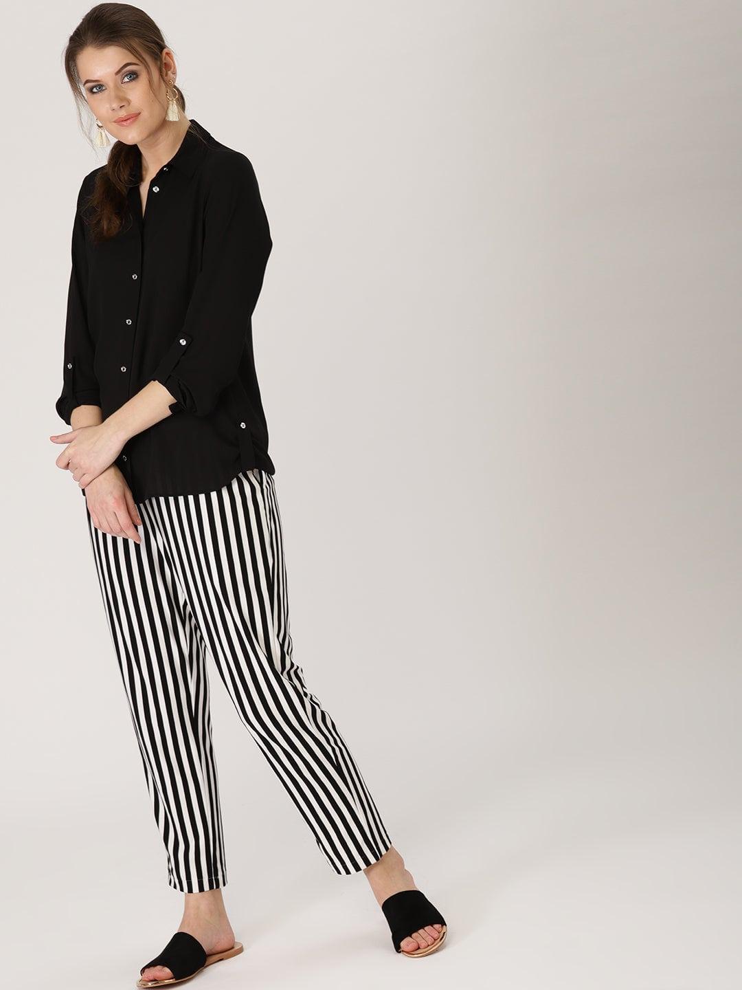 Black Striped Polyester Trousers