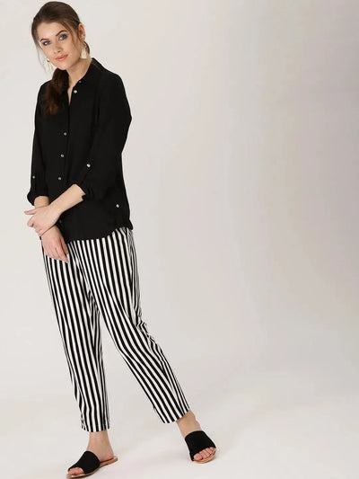 Black Striped Polyester Trousers - Libas