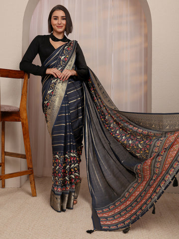 Black Striped Printed Pallu Silk Blend Saree 
With Unstitched Blouse Piece