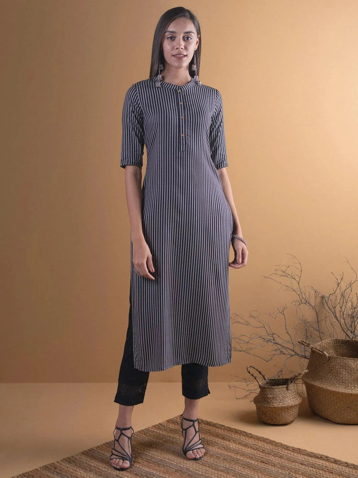 Black Striped Rayon Kurta - Libas