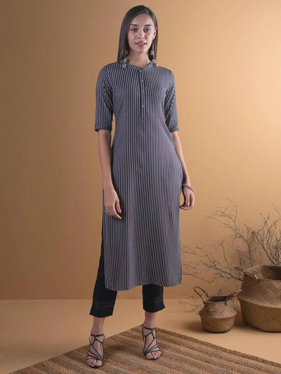 Black Striped Rayon Kurta - Libas