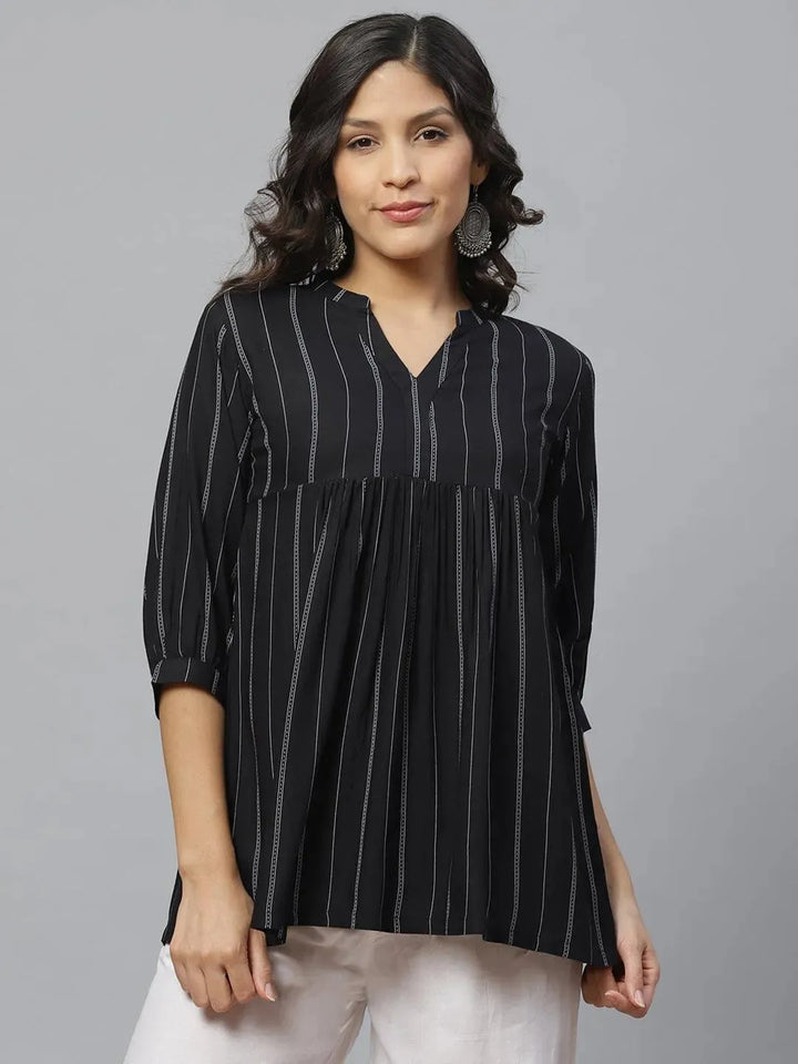 Black Striped Rayon Kurti With Mask - Libas