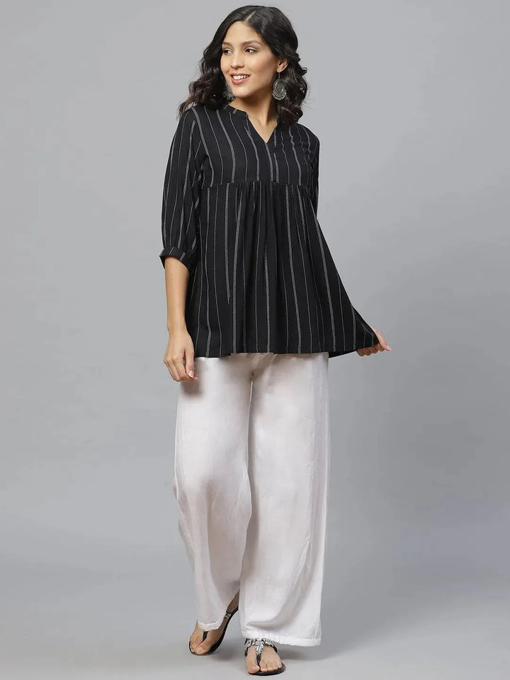 Black Striped Rayon Kurti With Mask - Libas