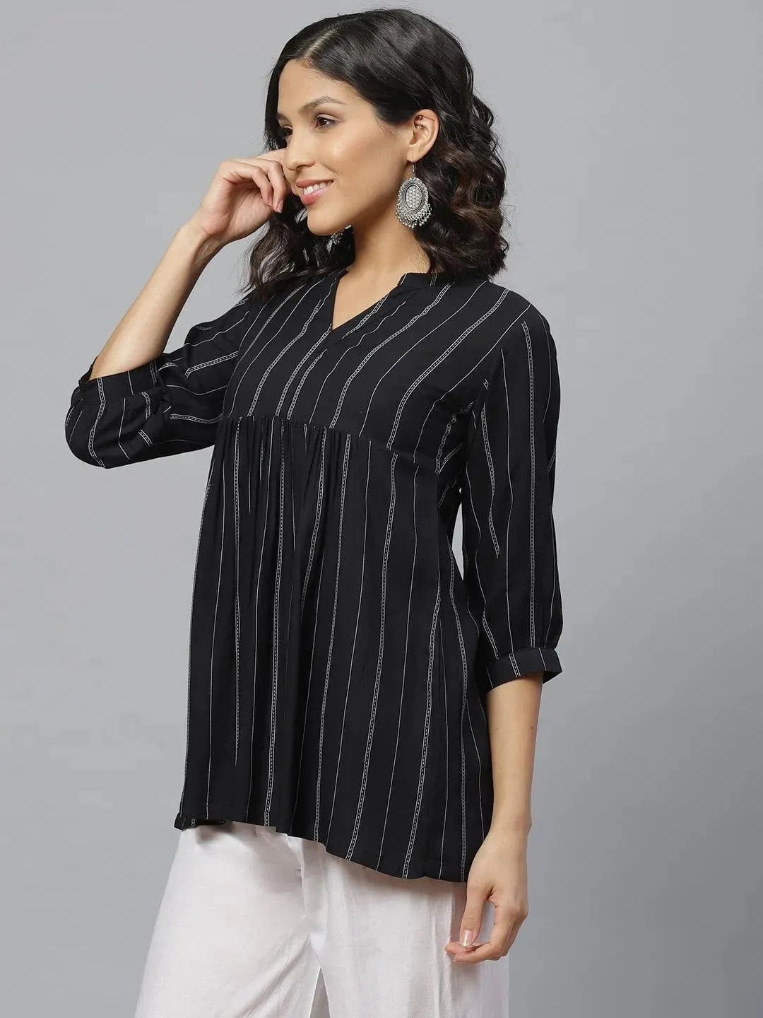 Black Striped Rayon Kurti With Mask - Libas