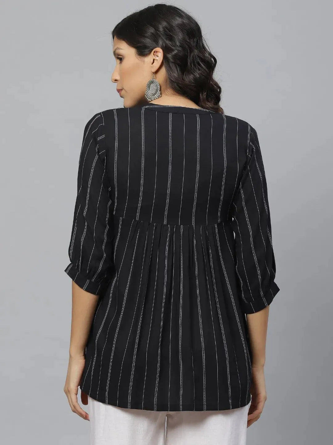 Black Striped Rayon Kurti With Mask - Libas