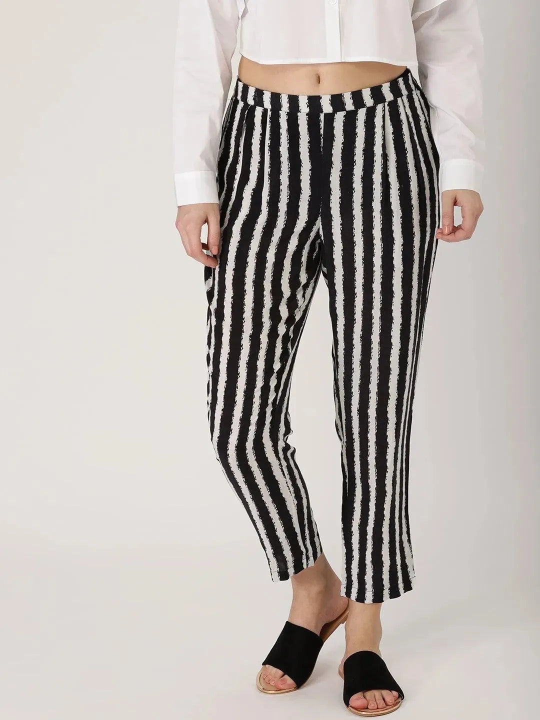 Black Striped Rayon Trousers - Libas