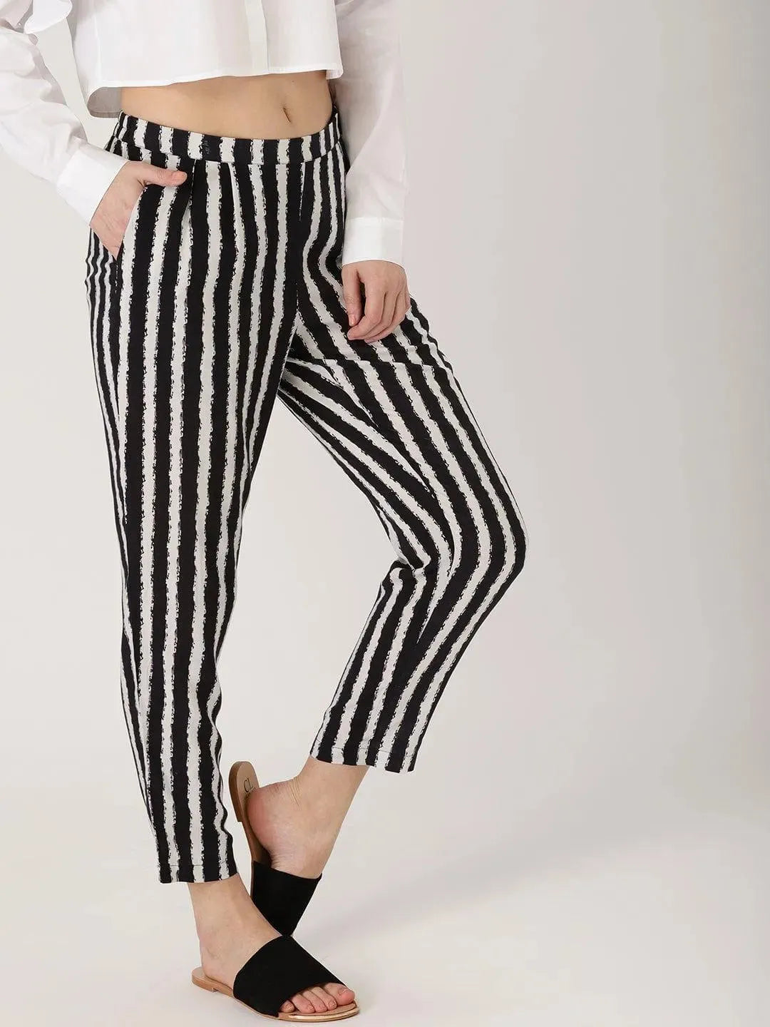 Black Striped Rayon Trousers - Libas