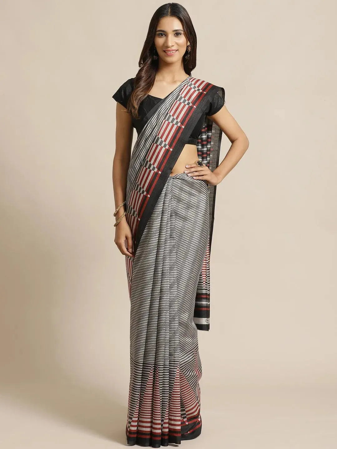 Black Striped Silk Blend Saree - Libas